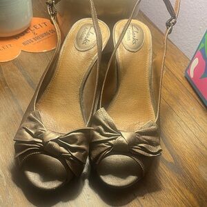 Clarks Metallic Bronze Peep-Toe Bow Slingback Heels
